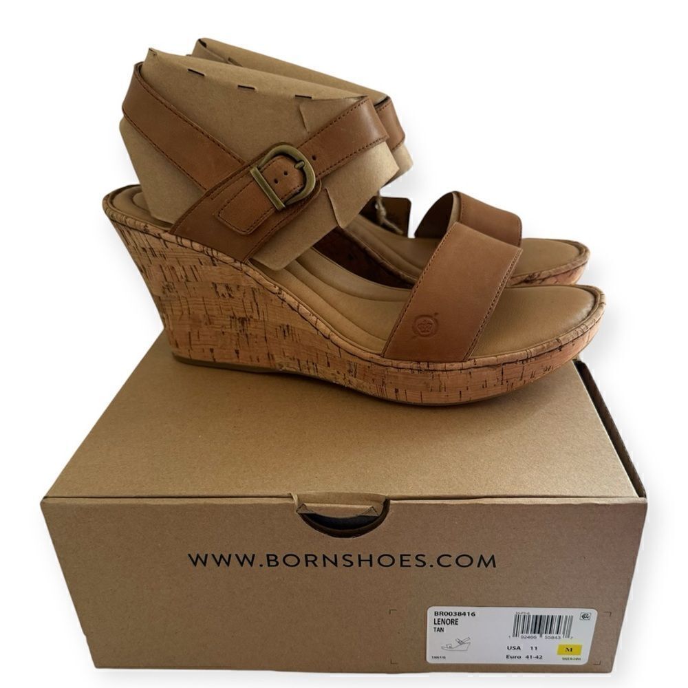 Born Lenore Platform Wedge Tan Leather Sandal Size 11M - Picture 2 of 7
